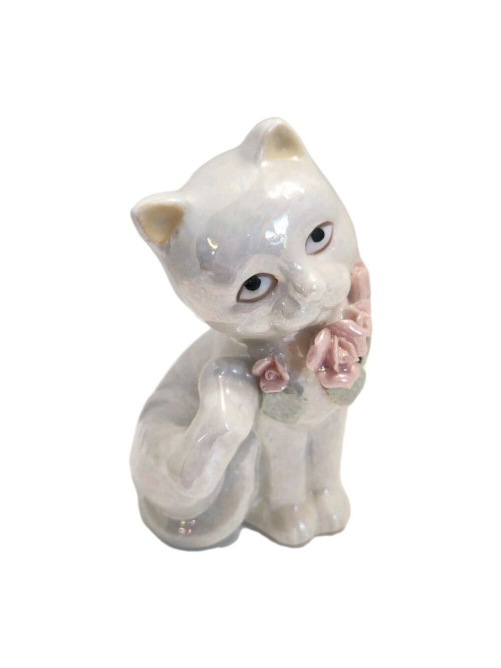 Vintage Ceramic Cat Iridescent Glazed With Flowers  Around Neck